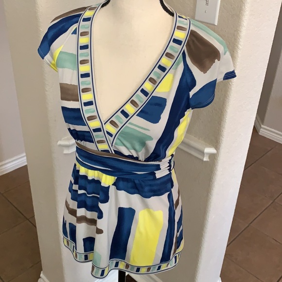 BCBGMAXAZRIA blue, green, brown & yellow geometric striped short sleeve top - Picture 13 of 17